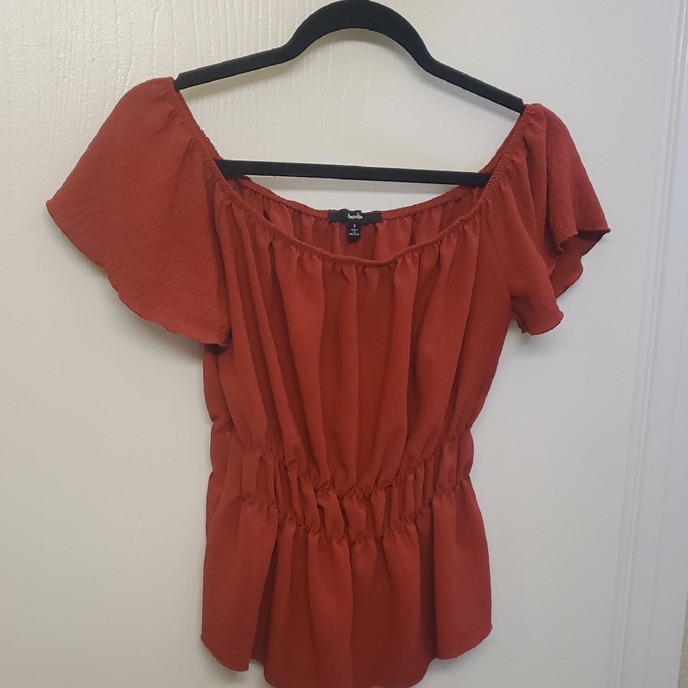Papaya Red Flutter Sleeve Smocked Blouse